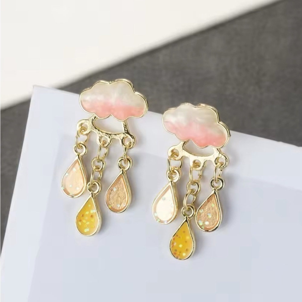 14K Gold Plated 2 Piece Pink Rain Cloud With Gemstone Drop Stud Earrings